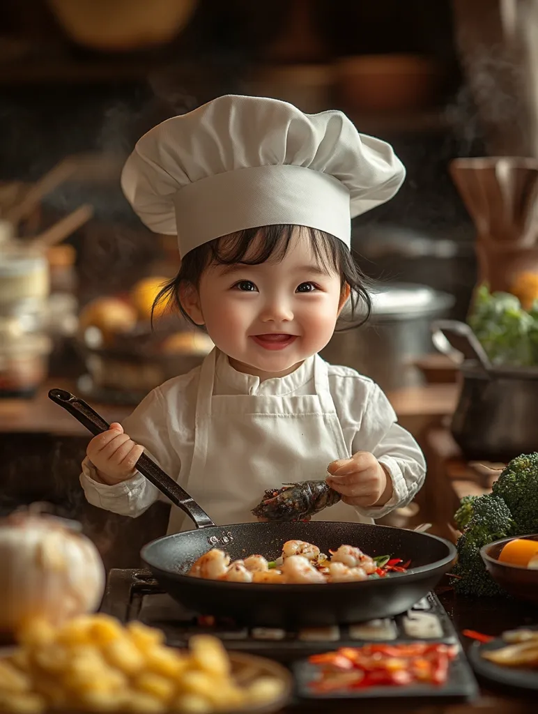 A young child wearing a white chef's hat and apron is cooking in a kitchen. They are stirring a pan of food with a spatula, and there are other ingredients on the counter around them. The child has a big smile on their face, and they look happy to be cooking. The image is a fun and whimsical depiction of childhood and cooking.