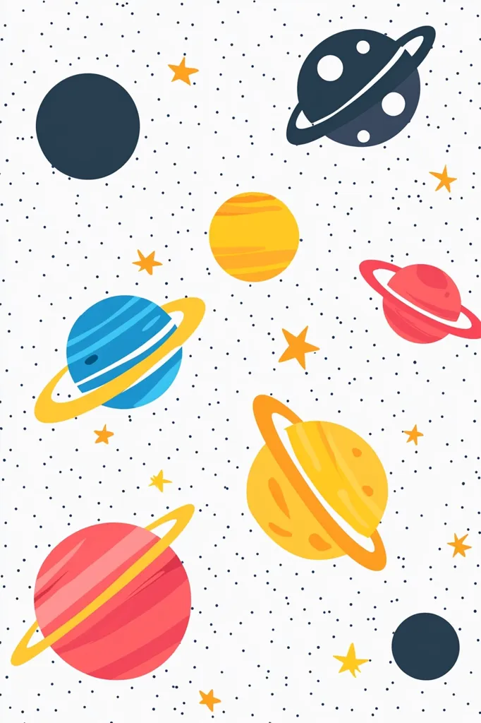 The image is a playful depiction of a space scene with colorful planets and stars. There are six planets, each with its own unique color and pattern, and a scattering of tiny stars. The background is white with black polka dots, giving the image a fun and whimsical feel. The planets have rings around them and the entire scene is set against a white background.  The image is full of playful energy and imagination, perfect for children's books or educational materials.
