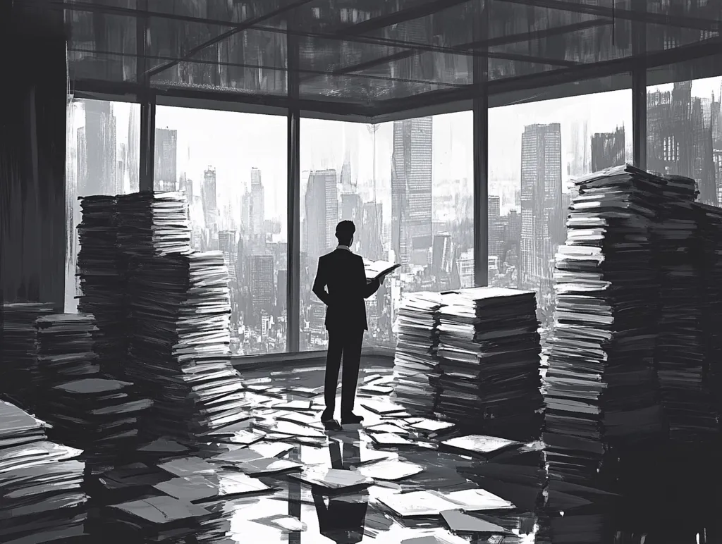 The image depicts a man in a suit standing in a large office overlooking a city skyline. He is surrounded by piles of paper, suggesting a heavy workload or overwhelming task. The room is bathed in a cold, gray light, creating a somber and melancholic atmosphere. The man's posture and the sheer volume of paper emphasize the weight of responsibility and the pressure of his job. The image evokes a sense of isolation and the challenges of navigating a demanding corporate environment.