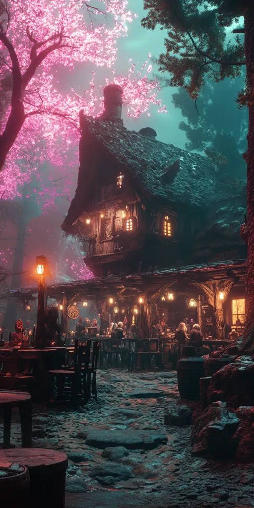 A cozy tavern sits nestled in a forest, bathed in the soft glow of pink blossoms and warm lamplight. The aged wooden structure boasts a large porch with tables and chairs filled with patrons.  The scene evokes a sense of warmth and camaraderie in the heart of a fantastical realm.