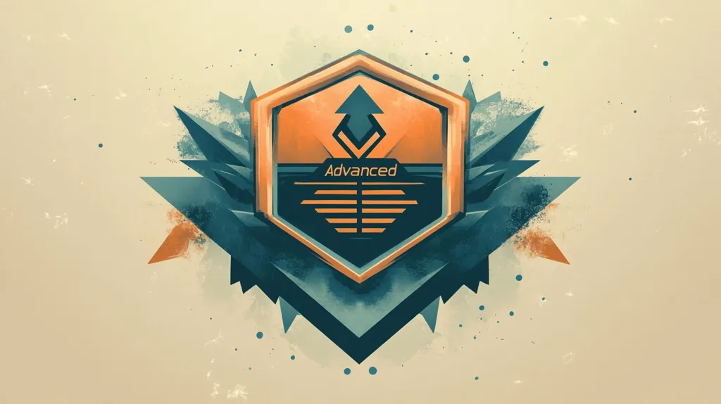 The image features a geometric design with a hexagonal shape in the center, outlined in orange and filled with an orange-and-blue pattern.  Inside the hexagon, the word "Advanced" is written in bold, black letters. The hexagon is surrounded by a larger shape made of blue triangles, creating a sense of depth and perspective. The background is a soft beige with subtle white speckles.  The overall impression is one of progress and advancement, with a futuristic feel.