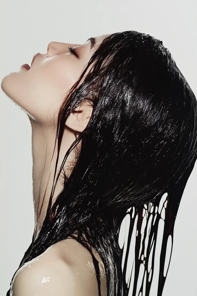 A woman with long, wet, black hair is seen from the side, her head tilted back. Her eyes are closed and her face is serene, suggesting a moment of relaxation. Water droplets can be seen on her skin and hair, creating a sense of freshness and purity. The image captures the beauty of a woman in a simple, yet elegant pose.
