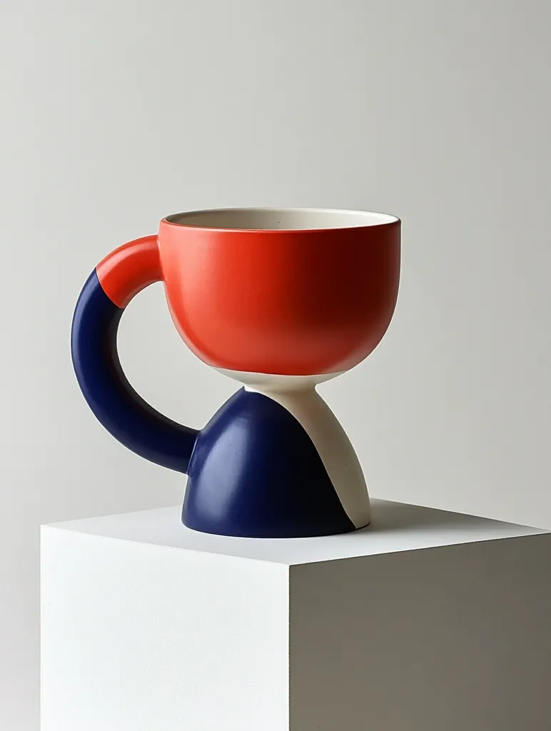 A unique ceramic cup with a large, curved handle sits on a white pedestal. The cup is divided into three sections: a bright red top, a dark blue bottom, and a white band in the middle. The handle is a vibrant blue, creating a striking contrast against the red. The minimalist background emphasizes the cup's bold design.