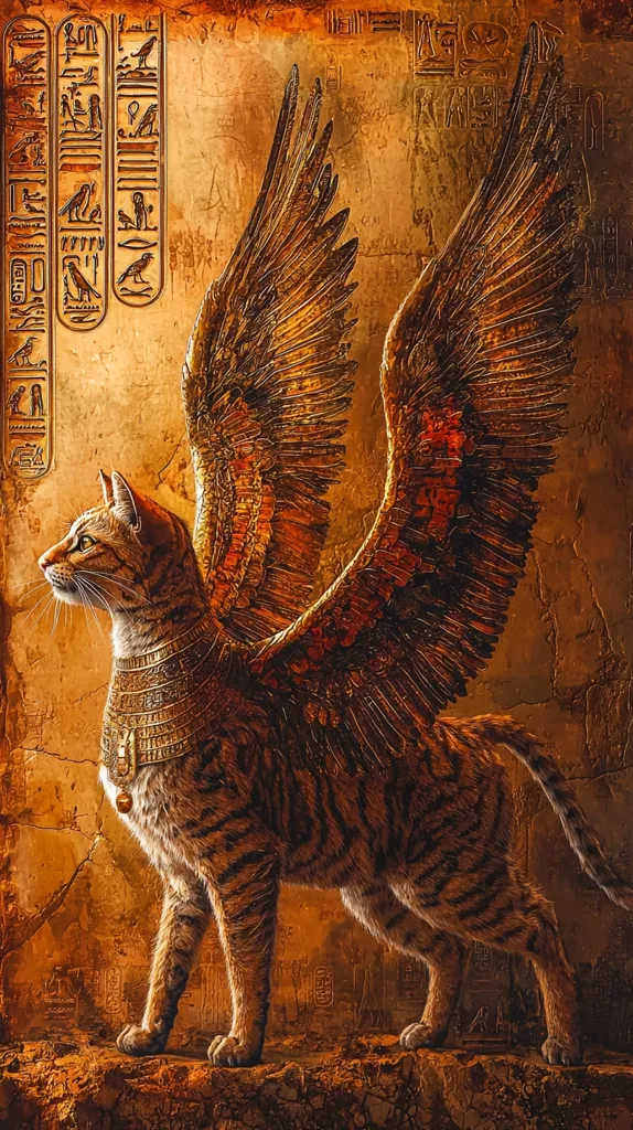The image shows a majestic, golden cat with large, feathery wings. The cat's fur is a rich brown with black stripes, and it has a golden collar around its neck. The background is a textured, golden wall with hieroglyphics, suggesting an ancient Egyptian setting. The cat's powerful stance and outstretched wings convey a sense of grandeur and divinity. The overall effect is one of power, mystery, and the mythical.