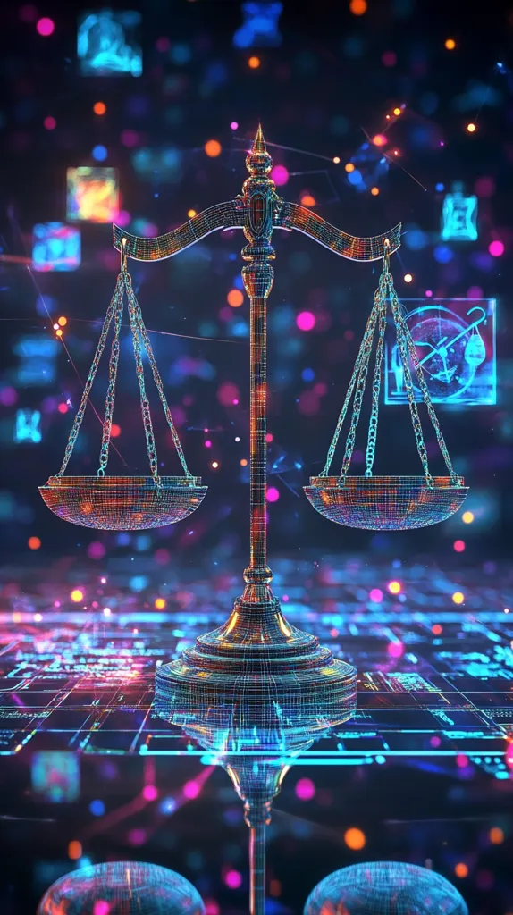 The image depicts a stylized digital representation of a scale of justice. The scales are constructed of a wireframe design, with a metallic sheen. The image is set against a backdrop of colorful, glowing orbs and lines that create a digital, futuristic atmosphere. The composition highlights the concept of justice and balance in a technologically advanced context.