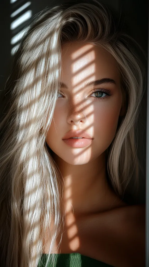 A young woman with long, blonde hair looks directly at the camera. Her hair is parted on the side and falls over her right eye, creating a shadow across her face. The light from a window casts stripes across her face and body, highlighting her features. She has a natural look with minimal makeup and soft, pink lips. Her expression is neutral and calm.  The overall tone of the image is soft and intimate.
