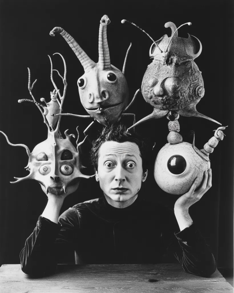 A man sits in front of a dark background, holding three whimsical creatures with large eyes. One creature is a long, slender, insect-like creature with a large eye on each side of its head. Another is a round creature with one large eye. The third is a larger, bulbous creature with a round head and several appendages. The man is looking directly at the camera, with a surprised expression on his face.
