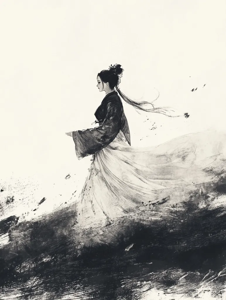 The image is a black and white illustration of a woman in traditional Japanese clothing. Her long hair is flowing behind her as she walks across a dark, abstract background. The woman's face is turned away from the viewer, her expression unreadable. The overall tone of the image is somber and mysterious, suggesting a sense of isolation or loss. The use of black and white creates a stark contrast, highlighting the woman's figure and the abstract background. The image is a striking example of minimalist art, with its use of simple lines and shapes to evoke emotion.