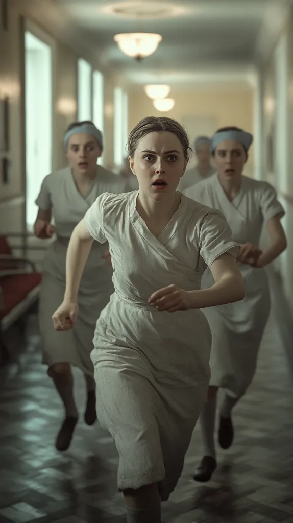 Three women in white dresses are running down a hallway. The woman in the center is the focus and her face shows fear and panic. The other women are blurred and out of focus, creating a sense of urgency and chaos. The hallway is lit by dim overhead lights and there is a sense of unease and mystery in the air. The overall mood is one of fear and apprehension.