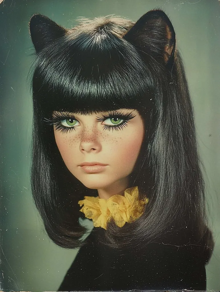 The image depicts a young woman with long, dark hair styled with cat ears. Her eyes are accented with thick black eyeliner and dramatic eyelashes, and her lips are painted a soft nude. She is wearing a yellow flower-shaped collar and a black dress, and she has a serious expression on her face. The image is likely a vintage photograph, and the woman's hairstyle and makeup are indicative of a style popular in the 1960s. The overall feel of the image is one of mystery and intrigue.