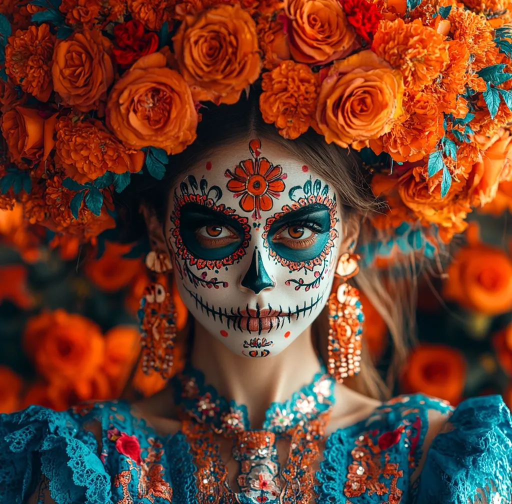A woman with elaborate sugar skull makeup looks intensely at the camera.  She is wearing a crown of orange flowers and a vibrant blue dress with orange embellishments. The background is a blurred image of orange flowers.  The image has a festive and colorful feel, referencing the Day of the Dead celebrations.