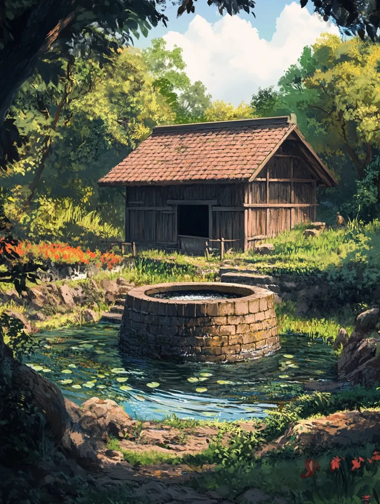 A small, wooden cabin with a thatched roof sits nestled amidst a lush, green forest. A circular stone well, filled with clear water, sits in front of the cabin. The scene is peaceful and serene, with sunlight dappling through the leaves of the trees. There are red flowers blooming on the ground, adding a splash of color to the verdant landscape. The water in the well shimmers with a gentle, rippling surface. The overall impression is one of tranquil beauty and natural harmony.