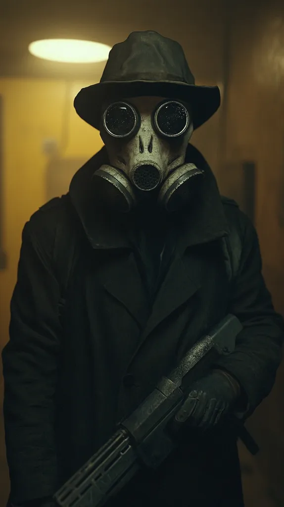 A person wearing a dark coat, a wide-brimmed hat, and a gas mask is standing in a dimly lit room. The mask has large, round eye lenses and a white mouthpiece. The person is holding a large, black gun in their right hand. The image evokes a sense of danger and mystery.  The dark lighting and the person's obscured face create a feeling of suspense.  The gun in the person's hand suggests a sense of power and potential threat.