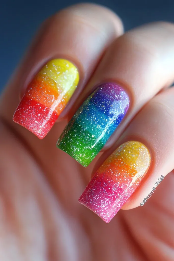 The image shows a close-up of a hand with four fingernails painted in a rainbow gradient with glitter. Each nail is a different color of the rainbow, from yellow to red, with a subtle glitter effect. The nails are well-manicured and the colors are vibrant and eye-catching. The hand is positioned so that the nails are facing the camera, showcasing the intricate details of the design.  The background is blurred, emphasizing the focus on the nails.  The overall effect is one of bright and cheerful beauty.