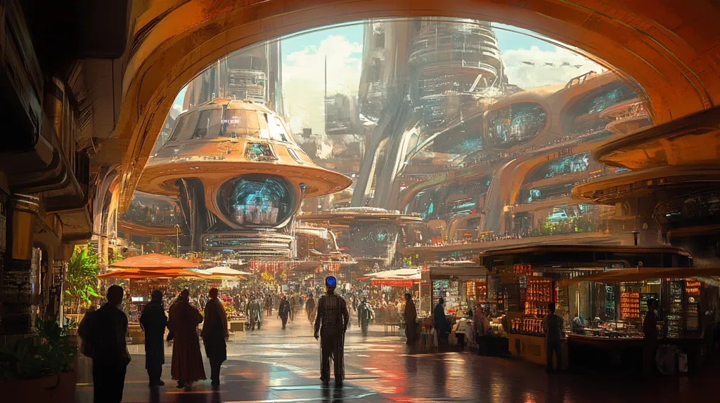 A bustling marketplace in a futuristic city. Tall, intricate buildings with metallic surfaces create a complex network of arches and walkways. A large, circular structure with a blue lens sits above the scene, while people gather and shop beneath. The warm, golden light casts a futuristic glow on the bustling crowd.