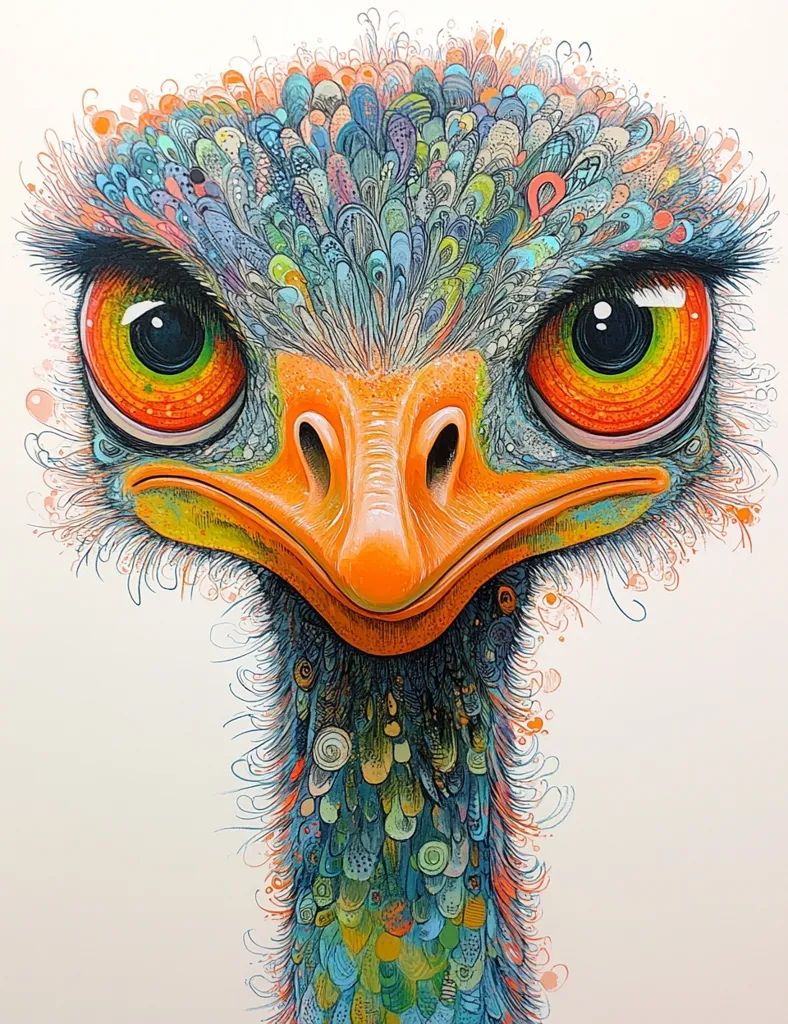 The image is a close-up of an ostrich's face. The ostrich has large, expressive eyes with orange and green concentric circles around the pupils. Its beak is orange and its feathers are a mix of blue, green, and orange. The overall effect is whimsical and colorful. The artist has used a detailed, almost psychedelic style to create a unique and captivating image. The background is a simple off-white, which helps to highlight the vibrant colors of the ostrich.