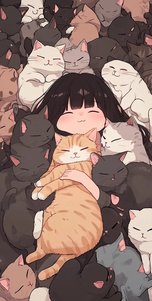 A young girl with long black hair is surrounded by a multitude of cats. She is smiling and holding a large orange tabby cat in her arms. The other cats are of various colors and sizes, all snuggled up close to her. The scene depicts a cozy and loving relationship between the girl and her feline companions.