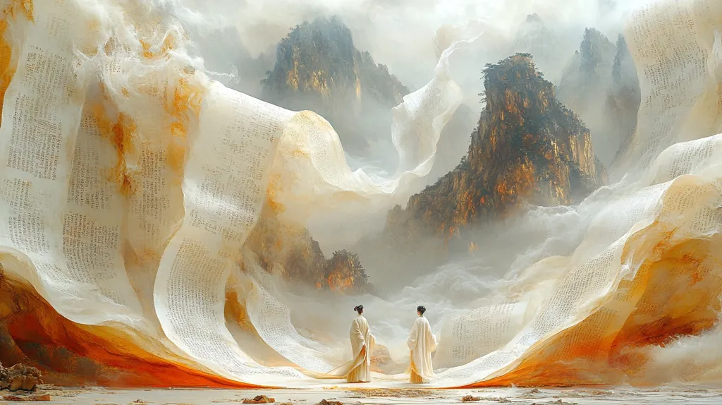 The image depicts a fantastical landscape where mountains are formed by the pages of a giant book. Two figures in white robes stand in front of the mountainous book, gazing at the misty scene. The book's pages are covered in text, suggesting a vast amount of knowledge or history contained within. The image evokes a sense of wonder, mystery, and the power of storytelling.