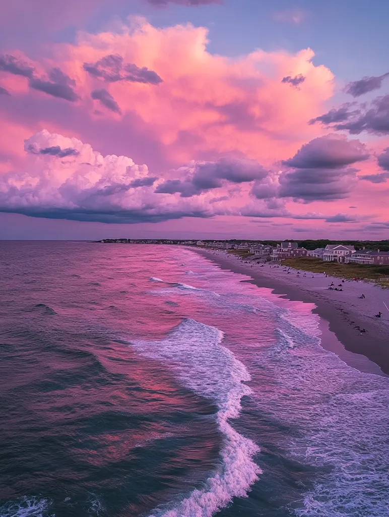 A breathtaking sunset casts a pink hue over the ocean and sky. Fluffy clouds paint the heavens with vibrant colors.  The shoreline, dotted with beachgoers, stretches towards a distant town.  Gentle waves lap at the sandy beach, creating a serene and picturesque scene.