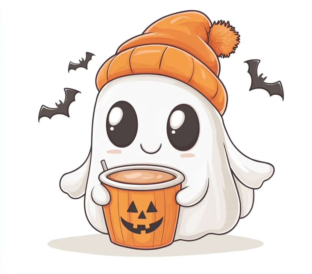 A cute cartoon ghost is wearing an orange beanie with a fluffy pom-pom. The ghost is holding a pumpkin-shaped cup of hot chocolate and has big, round eyes and a sweet smile. There are three bats in the background. The image is set against a white backdrop.