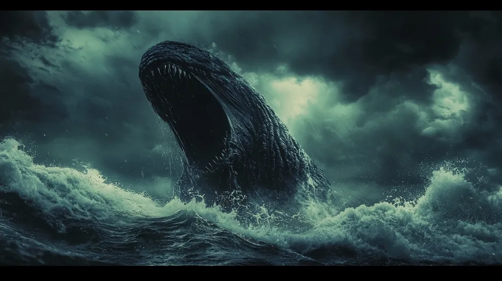 A monstrous, dark creature emerges from the churning, stormy sea. Its gaping maw is filled with rows of sharp teeth, and its body is obscured by the raging waves. The sky above is thick with dark, ominous clouds, creating a sense of dread and foreboding.
