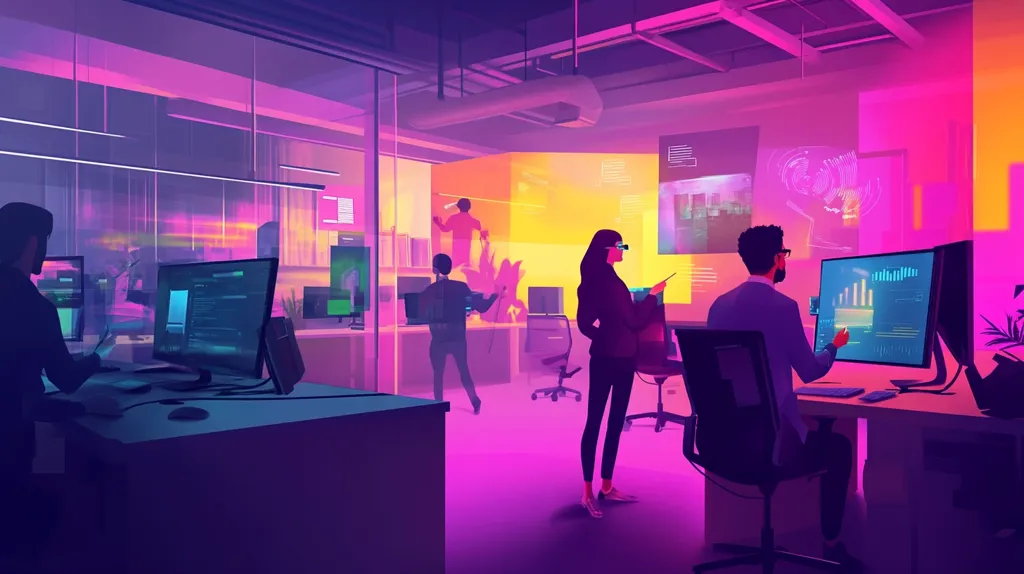 The image depicts a modern office with a vibrant neon color scheme. Four figures are working, using computers and a large screen. The space is filled with glass walls and windows, allowing for a glimpse of the city skyline outside. The overall atmosphere is futuristic and dynamic, emphasizing the interconnectedness and innovation of modern work.  The use of bright colors and geometric shapes creates a visual language of technology and progress.