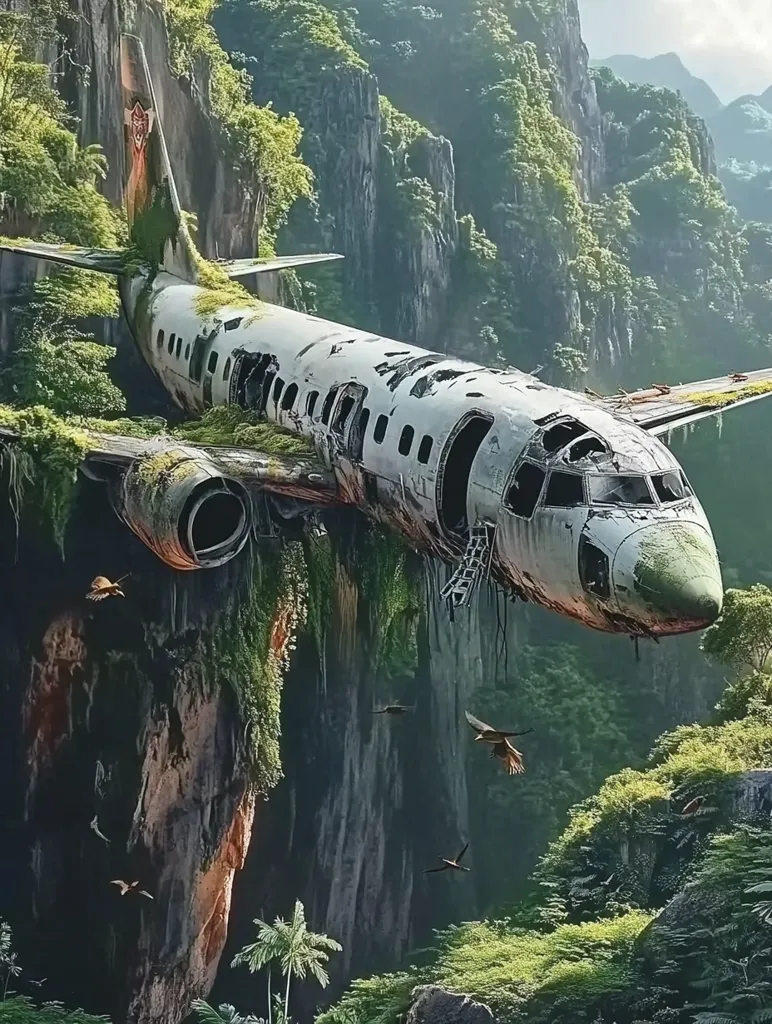 The image depicts a crashed airplane nestled within a lush, green jungle. The plane is partially embedded in a rocky cliff, with its wings protruding out over a dense canopy. The jungle is teeming with life, with various birds flying around the wreckage. The scene has a sense of mystery and intrigue, suggesting a forgotten tale of a plane crash in a remote and overgrown landscape. The vibrant greenery and the imposing cliffs create a dramatic backdrop for this eerie yet captivating scene.