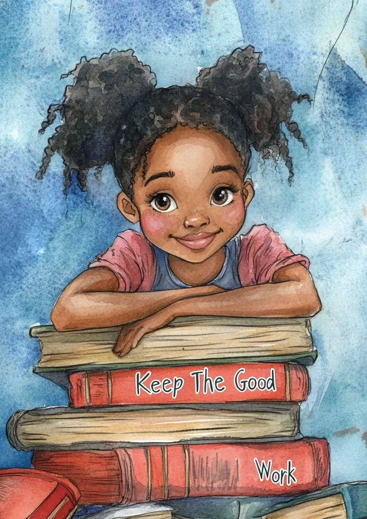 A young Black girl with her hair in two pigtails smiles as she leans on a stack of books. The books have the words "Keep The Good Work" written on them. The girl is drawn in a watercolor style, and the background is a soft blue. The image is cheerful and positive, suggesting that learning and hard work are important.