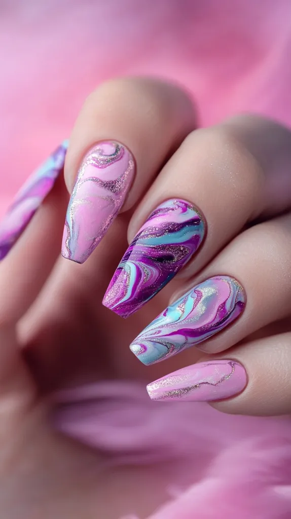 A hand with long, almond-shaped nails painted in a vibrant marbled design.  The nails feature swirls of pink, purple, and blue, with a subtle shimmer.  The nails are set against a backdrop of soft pink, highlighting the beauty of the manicure.  The nails are long and elegant, showcasing the intricate swirls and shimmer of the design.