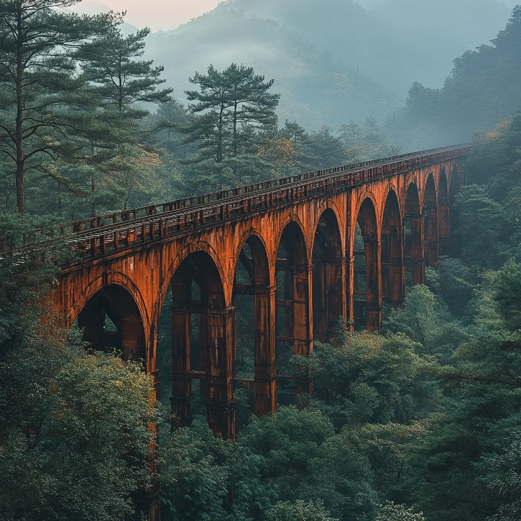 A long, weathered arch bridge stretches across a misty valley, surrounded by dense foliage. The bridge is constructed of red brick and has a series of arches that support the structure. The forest below is lush and green, adding to the scene's natural beauty. The mist adds a sense of mystery and tranquility, creating a captivating visual. The image evokes a feeling of remoteness and the passage of time.