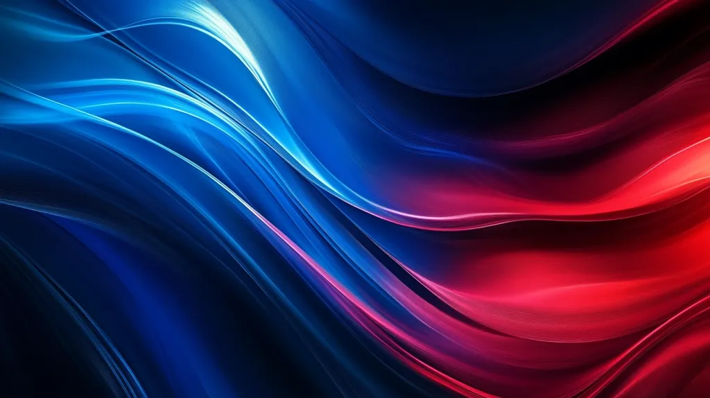 The image is an abstract design with a color scheme of deep blue and red. The shapes are wavy, creating an illusion of depth and movement. The blue is on the left side of the image and the red is on the right. The image is dark and has a slightly metallic sheen.