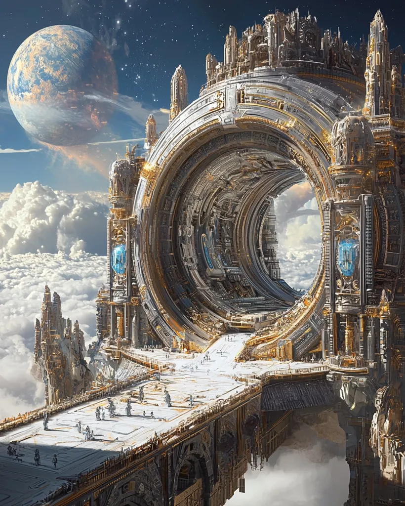 The image depicts a majestic, futuristic city suspended in the clouds. A massive, circular gateway, adorned with intricate details, stands as a focal point. The city's buildings are a blend of gothic architecture and advanced technology, featuring towering spires, ornate facades, and glowing lights. A large, blue planet hangs in the distance, suggesting a vast, unknown space.