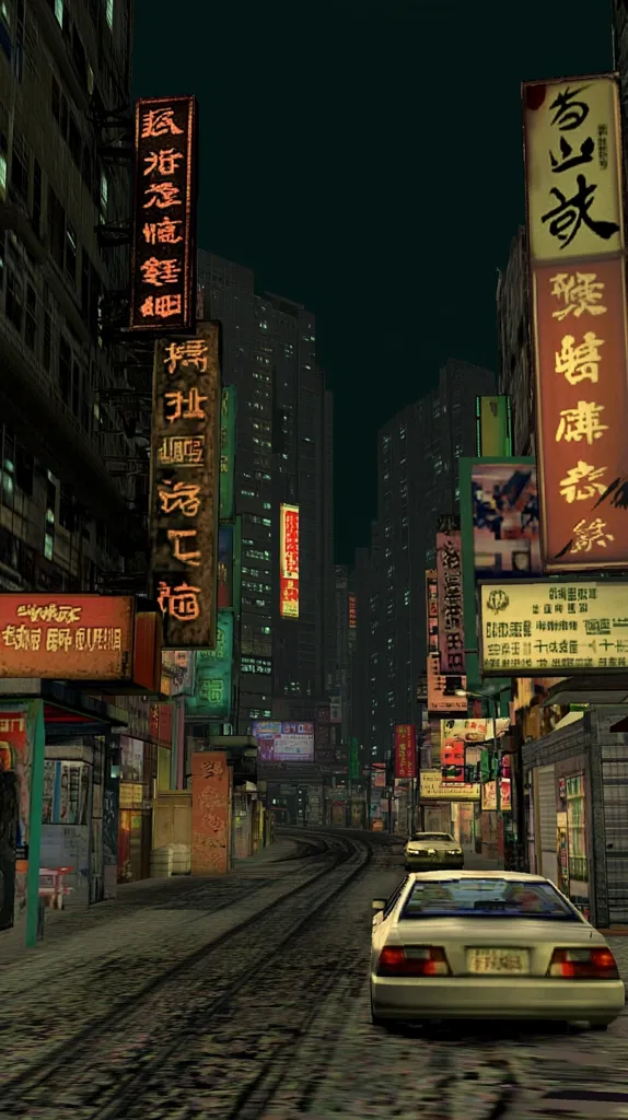 A narrow street in a bustling city, lined with tall buildings and illuminated by neon signs in Chinese characters. A lone white car drives down the road, its headlights cutting through the darkness. The city's atmosphere is vibrant and energetic, with a hint of mystery and intrigue.  The overall scene is evocative of a busy, modern Asian city.
