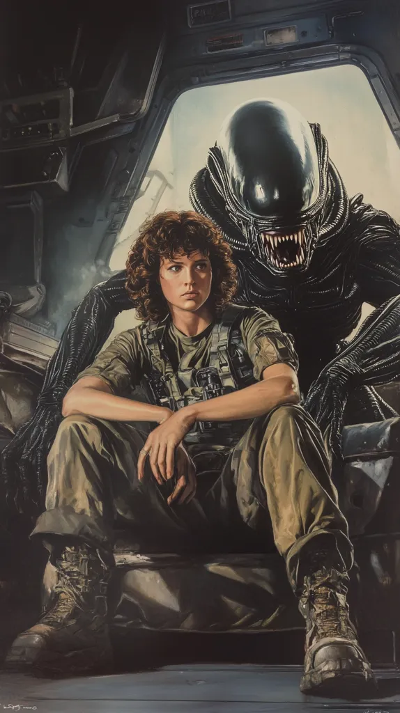 The image depicts a woman, with short, dark hair, sitting on a seat in a dark, metallic space. She is dressed in a military-style uniform, with a serious expression on her face. Behind her, an alien creature, with a black, smooth body and a menacing, open mouth, appears to be observing her. The setting appears to be a spaceship, with panels and wires surrounding them. The woman's posture suggests a sense of fear or tension, while the alien's gaze hints at imminent danger. The image captures a moment of suspense and anticipation, as the woman faces an unknown and potentially hostile force.