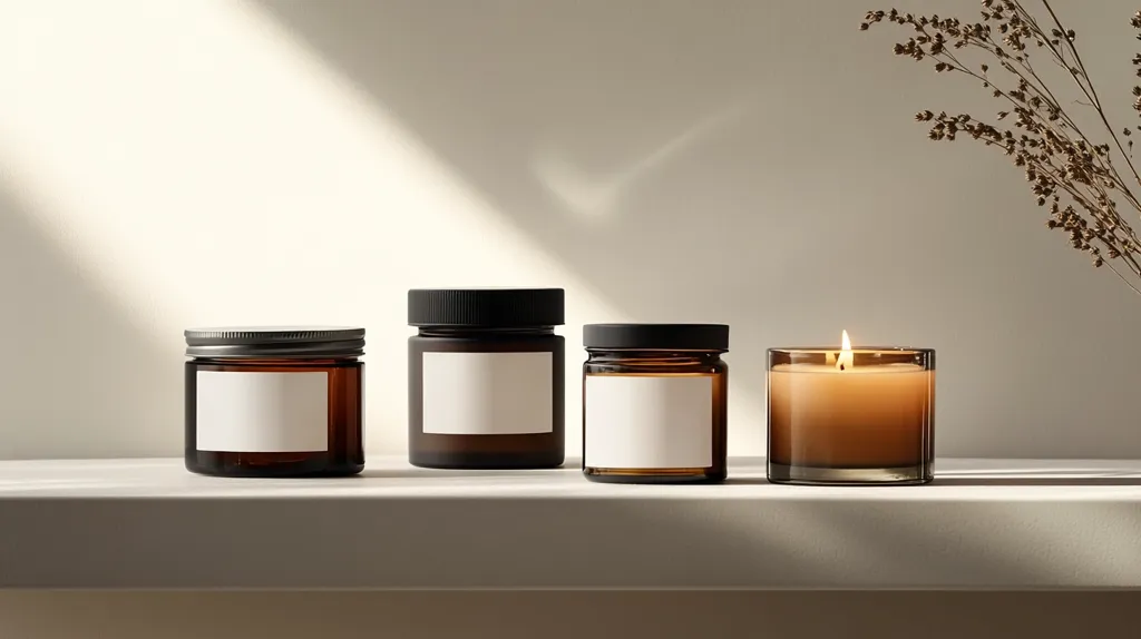 The image shows three amber glass jars with blank white labels and a burning candle in a similar amber glass jar. The jars are arranged on a white shelf with a light background and soft shadows.  Dried flowers are in the upper right corner.  The image has a clean and minimalist aesthetic.