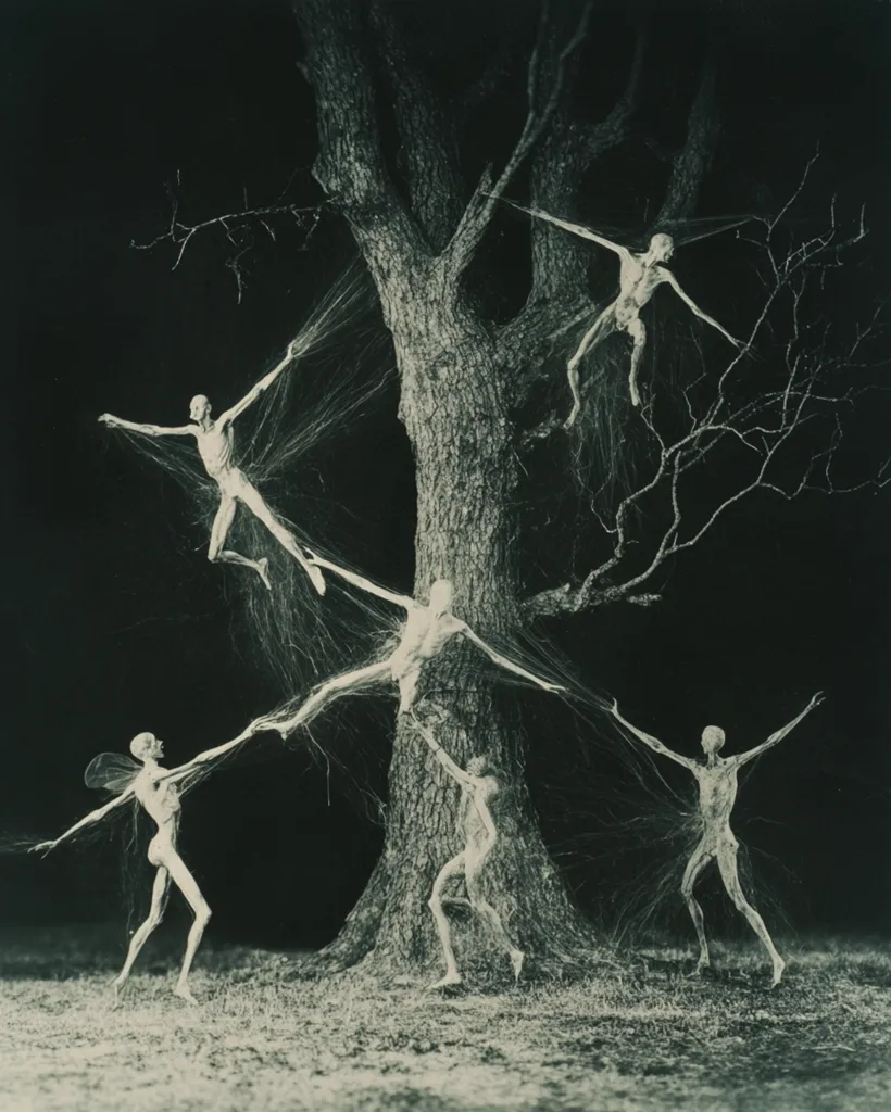 The image is a black and white photograph of five figures suspended in a web-like structure around a large tree. The figures are thin and elongated, with their limbs outstretched, suggesting a sense of both vulnerability and fragility. The intricate web that connects them to the tree creates a sense of entrapment and otherworldly mystery. The overall atmosphere is eerie and unsettling, with a hint of gothic romance. The stark contrast between the dark background and the pale figures amplifies the sense of isolation and surrealism.