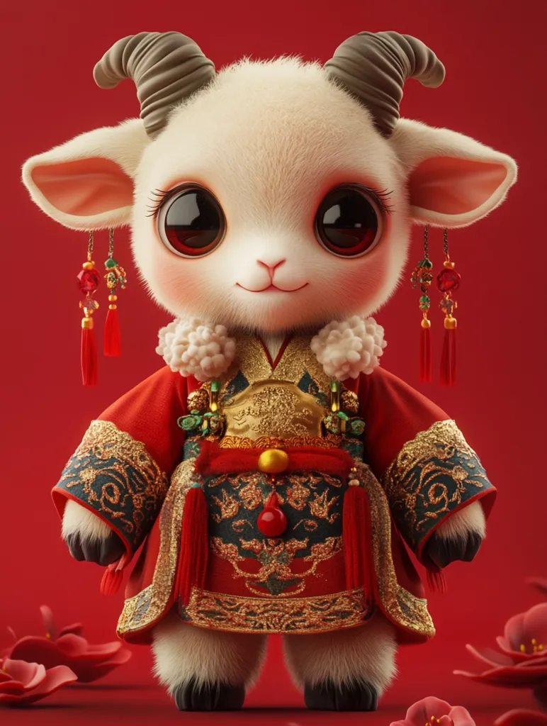 A white, furry goat with large, black eyes and a sweet expression is dressed in a traditional Chinese red and gold robe. The goat has small, gray horns and wears dangling red and gold earrings. It stands against a solid red background, surrounded by delicate, red flowers. The image has a whimsical and charming feel, suggesting a celebration or special occasion.