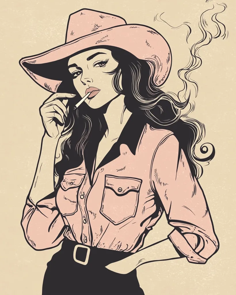 The image is a line drawing of a woman in a cowboy hat, smoking a cigarette. She is wearing a pink shirt with a belt, and her long dark hair is flowing behind her. The image is drawn in a vintage style, with a light beige background and subtle texture. The woman's expression is confident and cool, and she appears to be looking off to the side. The smoke from her cigarette curls up behind her head, creating a dramatic effect. The overall mood of the image is one of effortless cool and rebellious spirit.