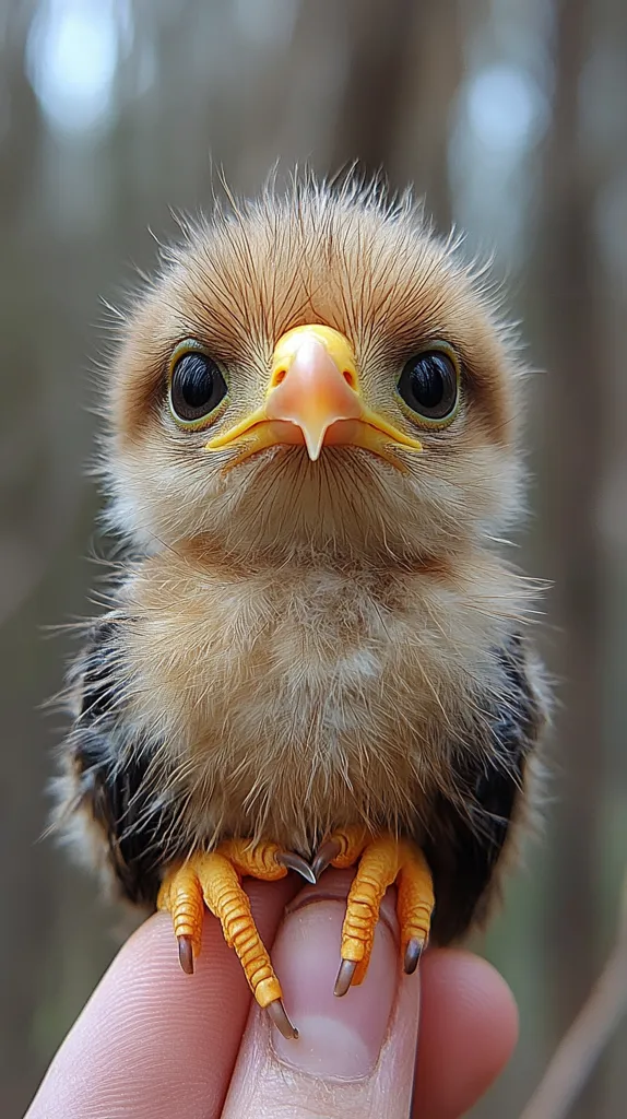 A small, fluffy bird with large, dark eyes and a bright yellow beak sits on a person's finger. Its feathers are a mix of brown and white, and its feet are a bright orange. The bird looks up at the camera with a curious expression. Its talons are visible, but it appears to be gentle and friendly. The blurred background suggests the bird is in its natural habitat. The image captures the bird's delicate features and adorable personality.
