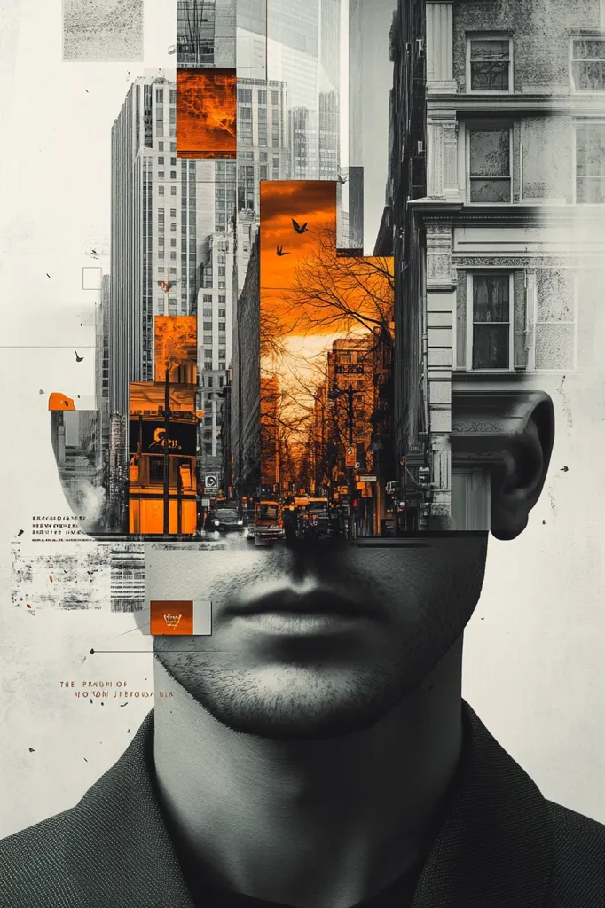 The image is a digital art collage of a man's face, a city skyline, and various other abstract elements. The man's face is obscured by the city skyline, which is made up of various buildings, streets, and a setting sun. The background is a light grey, and the overall style of the image is abstract and fragmented. The image is likely meant to represent the busy and chaotic nature of city life.