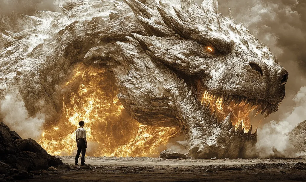 A massive, stone-like dragon with glowing eyes and a fiery mouth looms over a small figure in the foreground. The dragon's head fills the majority of the image, while the figure, seemingly a human, stands on a barren landscape. The background is a haze of smoke and fire, creating a sense of impending danger and awe. The image evokes a sense of epic battle or a confrontation between a powerful creature and a lone, courageous individual.