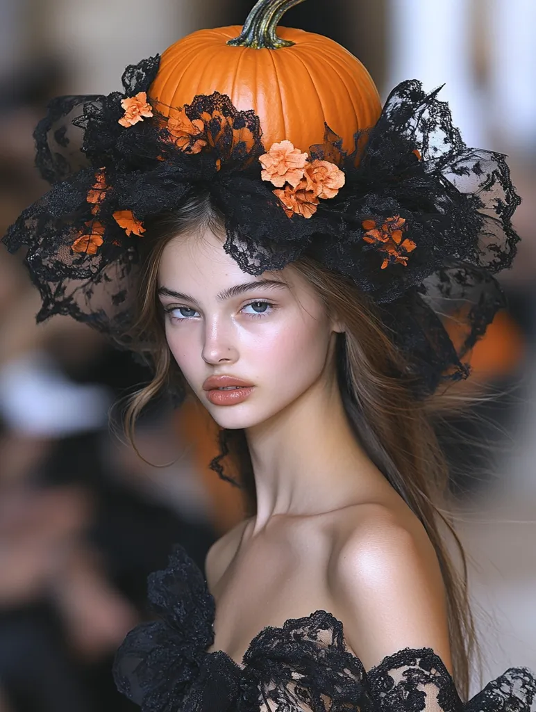 A classic photo of a model show: a French model walks on the catwalk with an orange Halloween pumpkin on her head. The girl is wearing a bow lace dress, which is very gorgeous. --ar 3:4 --s 750