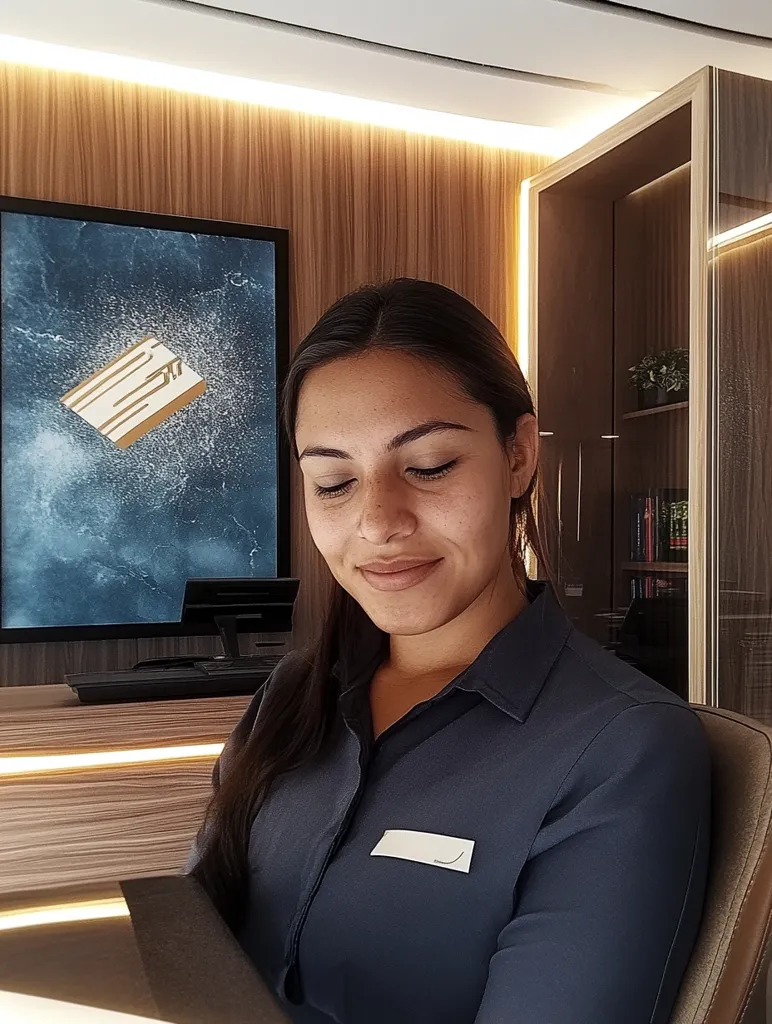 A young woman with long dark hair is wearing a navy blue button-down shirt. She is looking down and smiling. She is wearing a name tag and standing in front of a wooden counter with a computer on it. There is a large framed picture of a blue and gold design hanging on the wall behind her. There are bookshelves with a glass front on the right of the image. The room has warm lighting.  The image is likely taken in a hotel lobby or office.
