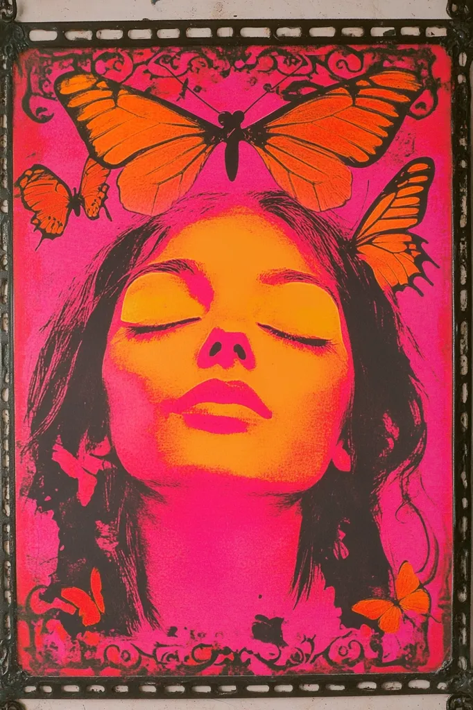 The image is a psychedelic poster with a woman's face in the center, surrounded by brightly colored butterflies in orange and pink. Her eyes are closed and her face is a vibrant orange against a hot pink background. The poster is framed in a black metal frame. The bright colors and bold shapes create a trippy and whimsical aesthetic.