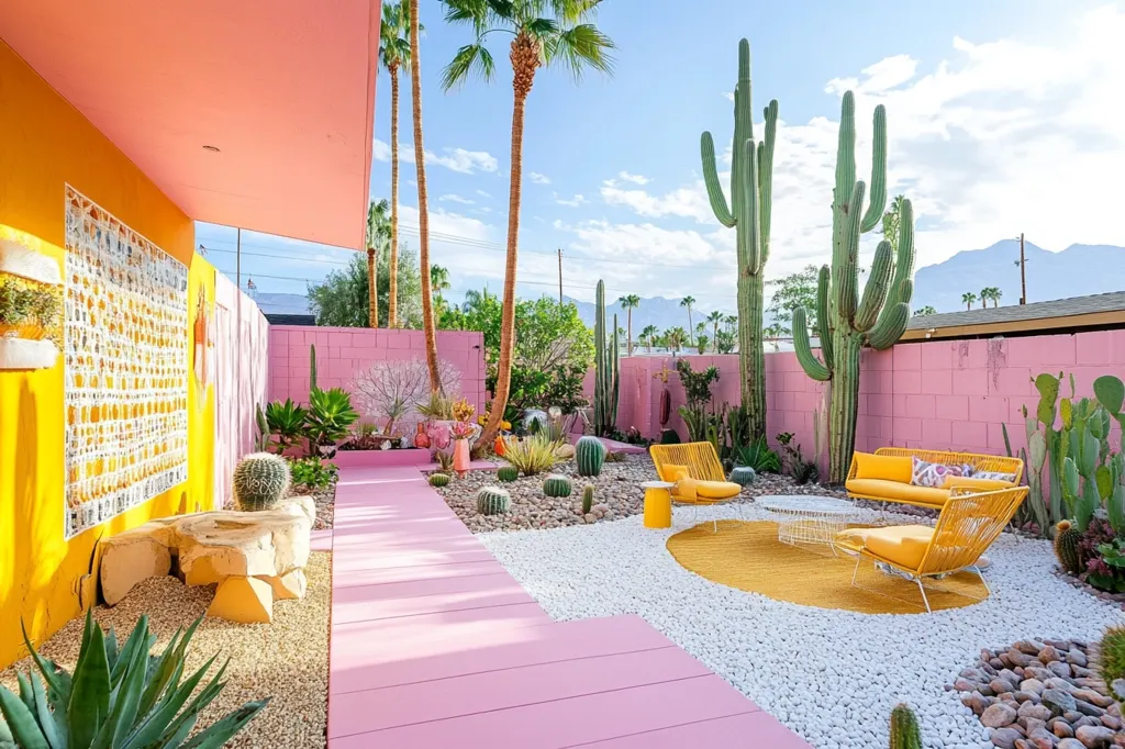 A modern desert-inspired backyard features a pink walkway leading to a lounge area with yellow furniture. Tall cacti stand against a pink wall, while palm trees provide shade. The background features a yellow wall with a decorative mosaic pattern, adding a touch of vibrant color to the space. The white gravel ground adds a clean and contemporary feel to the design.