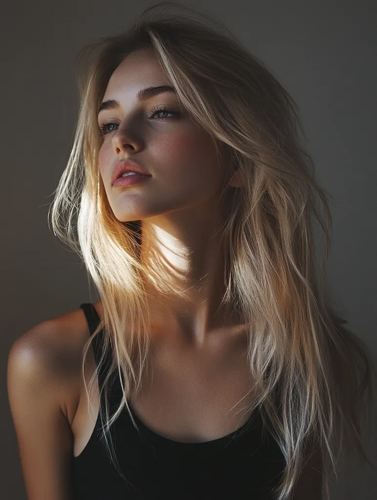 A young woman with long, blonde hair is looking up and to the left. She is wearing a black tank top and her skin is lightly tanned. The lighting is soft and natural, illuminating her face and hair. Her expression is calm and contemplative. The background is a simple, muted gray.
