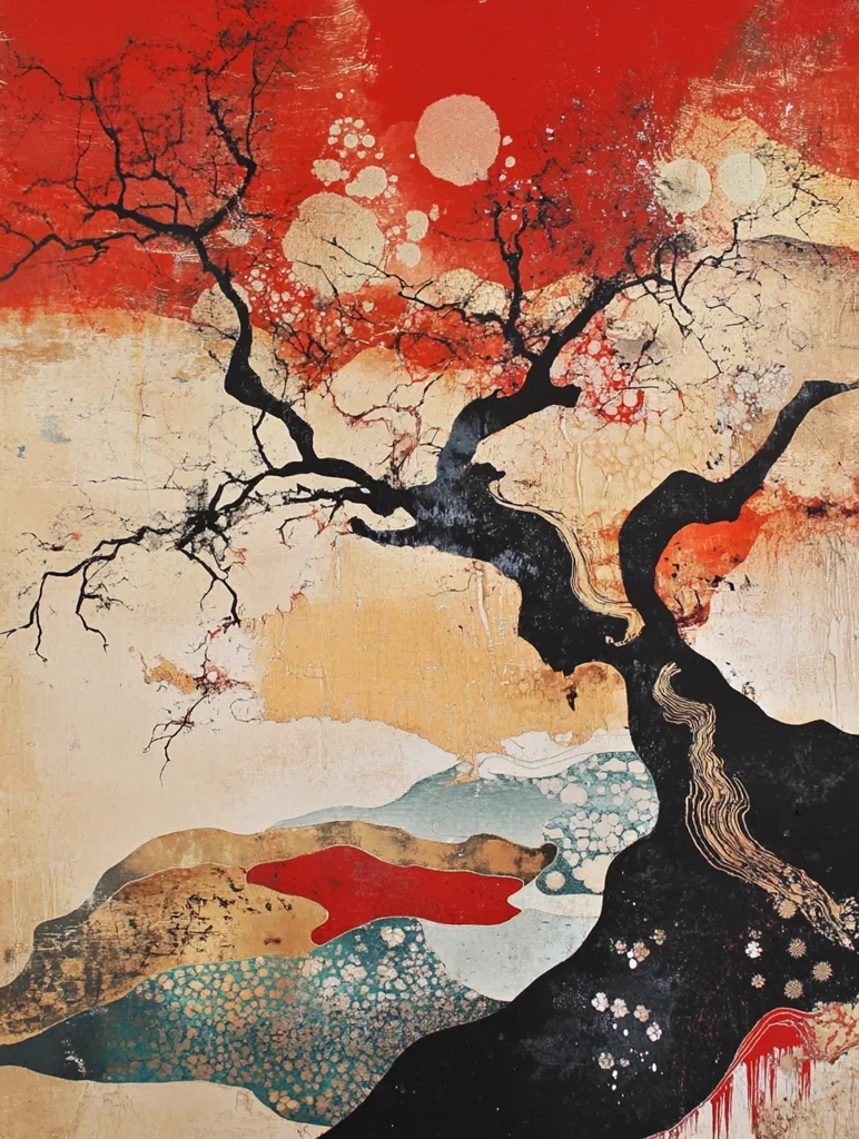 The image is a vibrant abstract painting featuring a black tree with a sprawling silhouette against a red and gold background. The tree is set against a backdrop of swirling, organic shapes and textured lines in a combination of warm and cool tones. The overall effect is one of movement and energy, creating a dynamic and captivating visual experience.