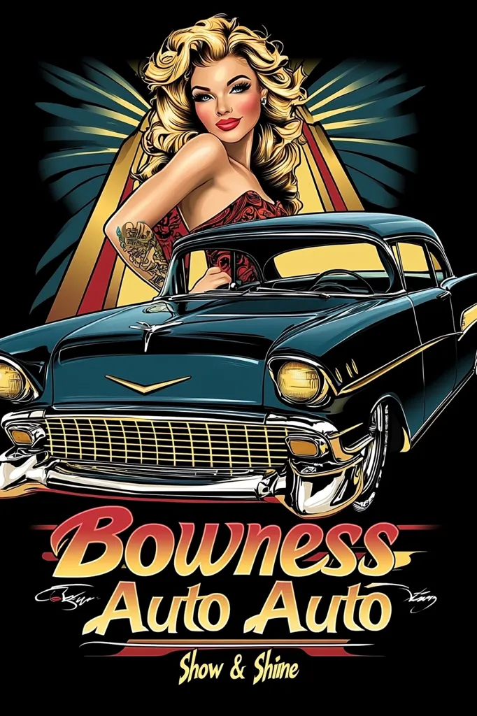 The image is a vintage-style illustration of a classic car with a pin-up girl. The car is a blue and black 1950s sedan with a chrome bumper and yellow headlights. The woman is blonde with red lipstick and a red dress. She is leaning on the car with one hand on the door. The background is a stylized sunburst design. The text at the bottom reads "Bowness Auto Auto Show & Shine". The overall theme of the image is classic cars and the American pin-up style of the 1950s.