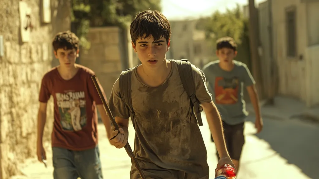 Three boys walk down a sun-drenched street. The boy in the center is covered in mud, holding a long metal stick. He has a determined look on his face. The boy on the left is wearing a red shirt and jeans and appears slightly concerned. The boy on the right is wearing a light blue shirt and dark shorts, and is walking away from the others. The scene suggests a moment of tension and uncertainty.