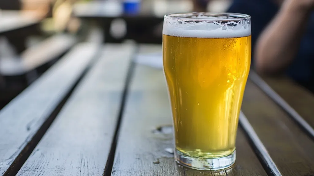 A glass of beer sits on a wooden table, its golden liquid topped with a thick head of foam. The glass is slightly tilted, and the light catches the bubbles within the beer, creating a sparkling effect. The background is blurred, suggesting a relaxed outdoor setting.  The image conveys a sense of refreshment and enjoyment.